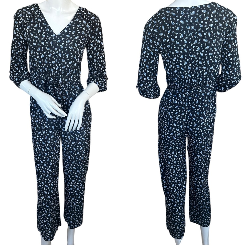Madewell Ruffle 3/4 Sleeve Black Baby’s Breath Wide Leg Cropped Jumpsuit XXS